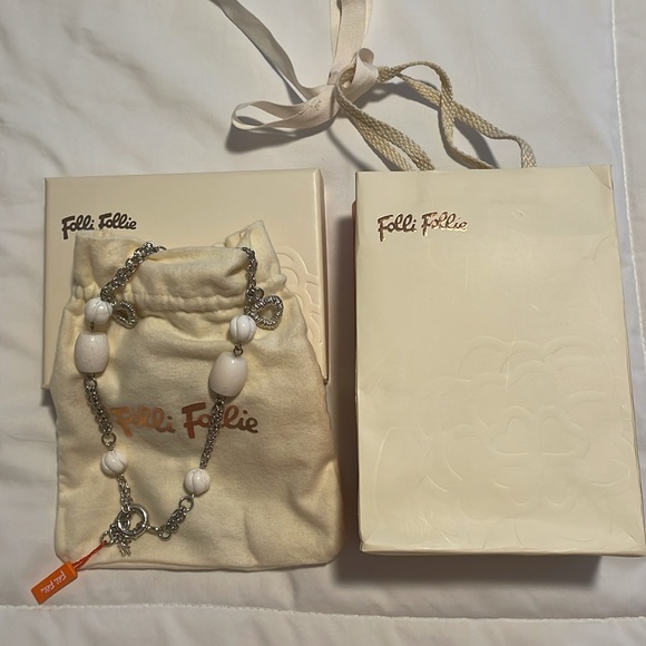 Folli Follie Silver Heart and White Bead Necklace 50 cm - Picture 3 of 7